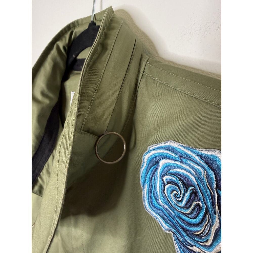 Military Style Statement Coat Embroidered Floral Utility Jacket Olive Green - Picture 4 of 10